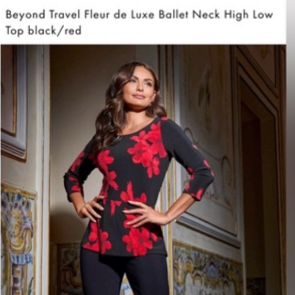 NWOT Boston Proper Beyond.Travel Floral Ballet Neck Top - Black and Red